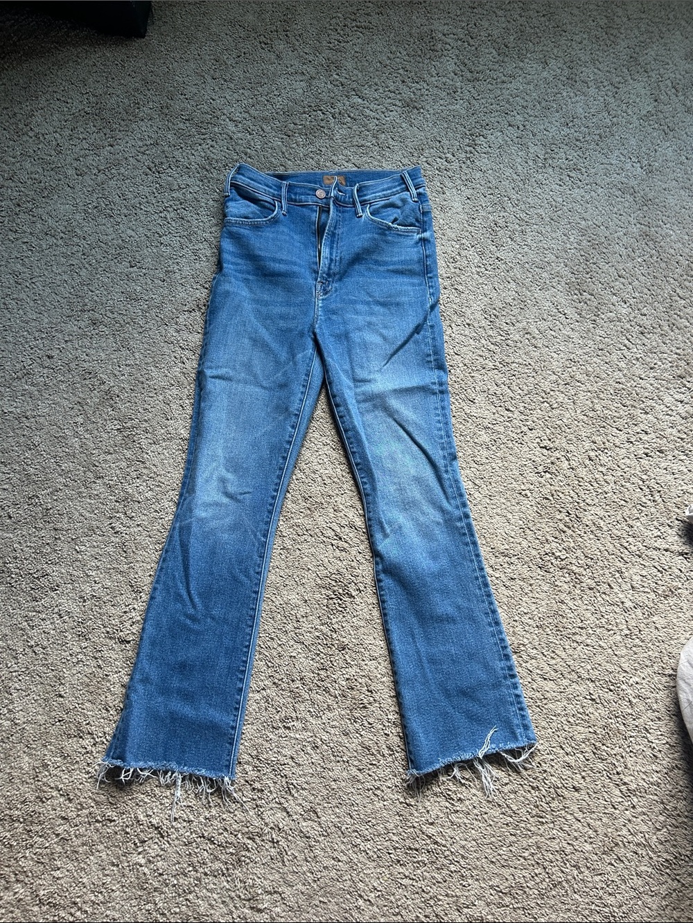 MOTHER Blue Flare Jeans with Frayed Hem